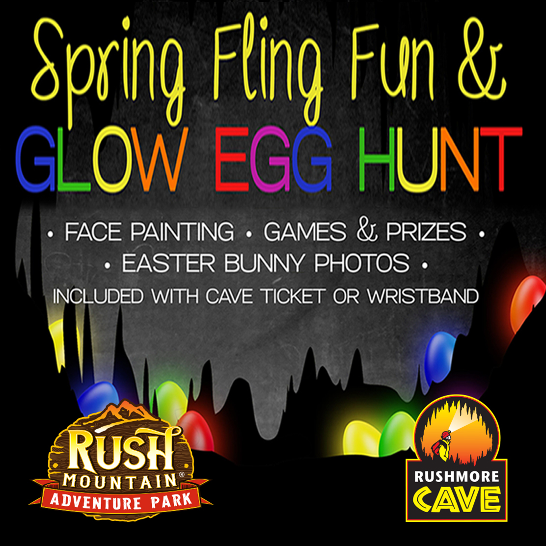 Glowing Easter eggs inside a cave with information on the Spring Fling and Glow Egg Hunt